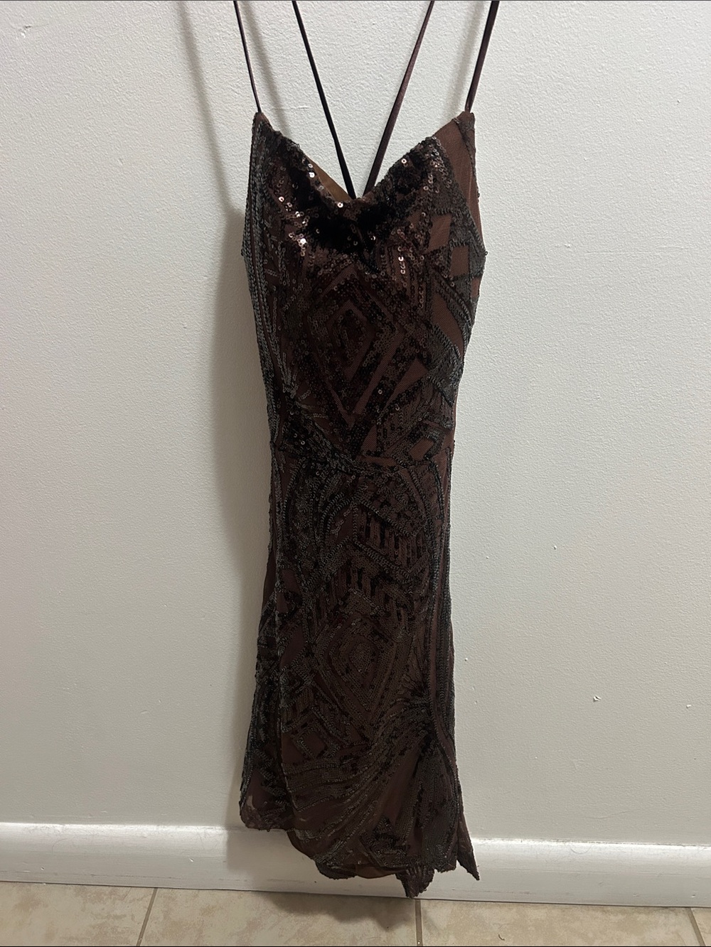 Brown Sequin Slip Dress - Women's Elegant Evening Dress